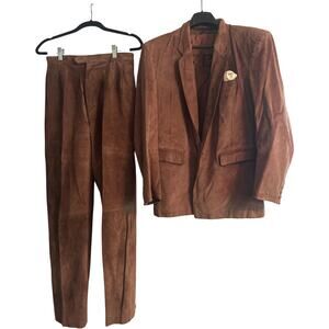 GUC Vintage J Park Suede Suit Brown 100% Leather Shoulder Pads Sz